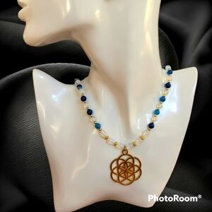HANDMADE Opalite Agate Beaded Mandala Pendant Necklace